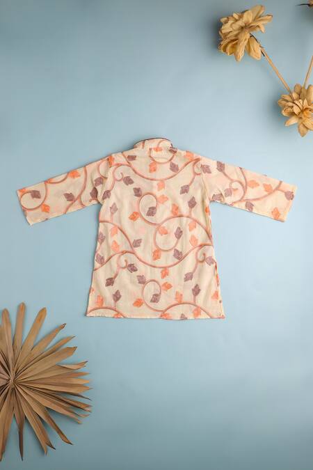 Buy_Cute Couture_Beige Cotton Embroidery Leaf Vine Thread Kurta And Pant Set _Online_at_Aza_Fashions