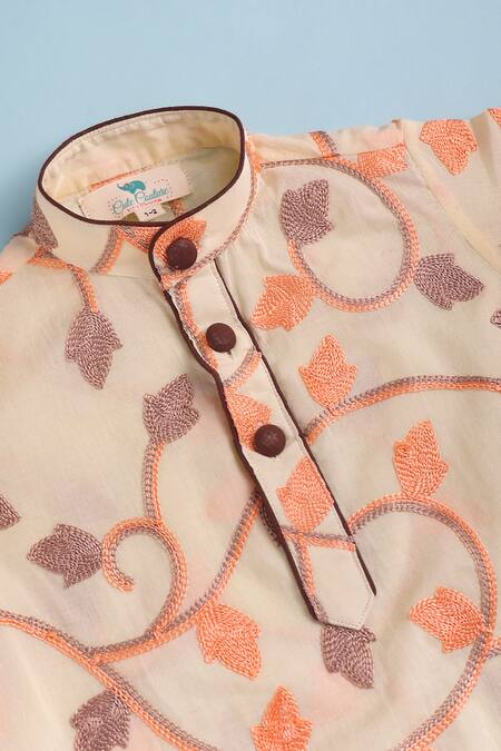 Buy_Cute Couture_Beige Cotton Embroidery Leaf Vine Thread Kurta And Pant Set 