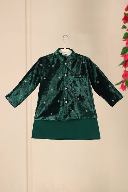 Cute Couture_Green Velvet, Cotton Sequins Embroidered Jacket Pant Set _Online_at_Aza_Fashions