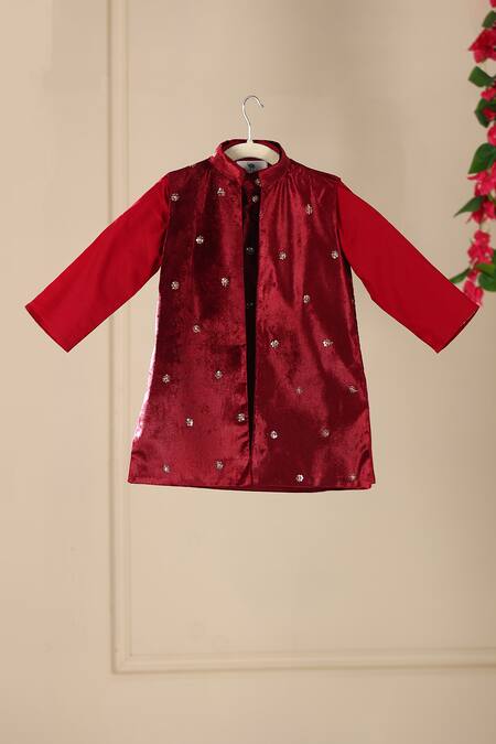 Cute Couture_Maroon Kurta And Jacket Velvet Embroidered Sequin Set _Online_at_Aza_Fashions
