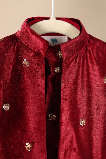 Cute Couture_Maroon Kurta And Jacket Velvet Embroidered Sequin Set _at_Aza_Fashions