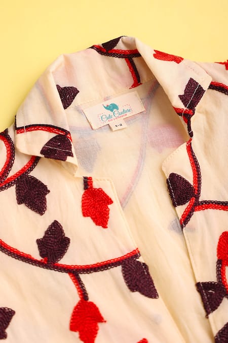 Shop_Cute Couture_Beige Lehenga And Top Cotton Embroidered Thread Leaf Vine Set _Online_at_Aza_Fashions