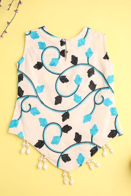 Cute Couture_Beige Top Cotton Embroidered Thread And Dhoti Pant Set _Online_at_Aza_Fashions