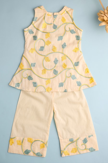 Shop_Cute Couture_Beige Cotton Embroidered Thread Kurta And Pant Set _at_Aza_Fashions