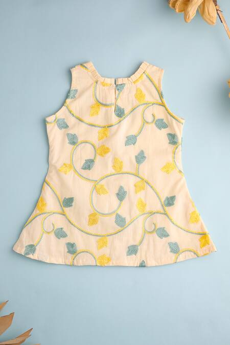 Buy_Cute Couture_Beige Cotton Embroidered Thread Kurta And Pant Set _Online_at_Aza_Fashions