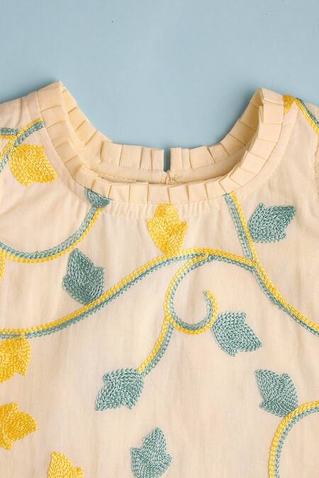 Shop_Cute Couture_Beige Cotton Embroidered Thread Kurta And Pant Set _Online_at_Aza_Fashions