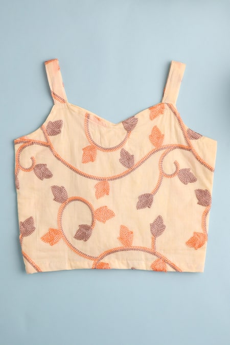 Cute Couture_Beige Cotton Embroidered Thread Jacket Draped Skirt Set _Online_at_Aza_Fashions