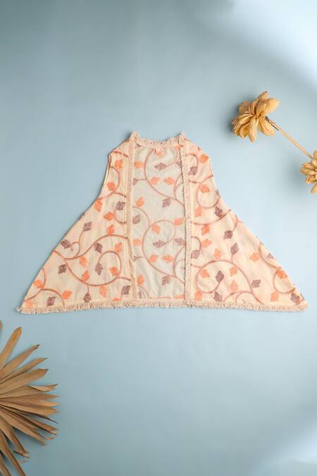 Buy_Cute Couture_Beige Cotton Embroidered Thread Jacket Draped Skirt Set _Online_at_Aza_Fashions