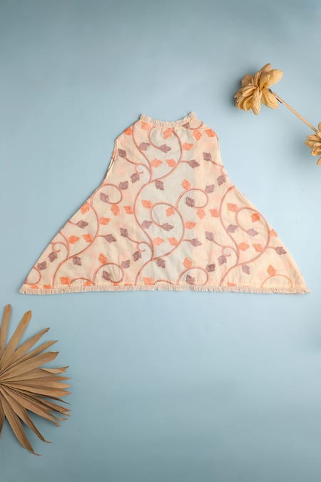 Shop_Cute Couture_Beige Cotton Embroidered Thread Jacket Draped Skirt Set _Online_at_Aza_Fashions