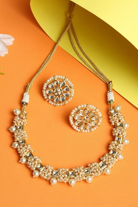 Shop Ruby Raang Gold Plated Pearls, Gota Patti And Kundan Embellished Choker Set at Aza Fashions Shop_Ruby Raang_Gold Plated Pearls, Gota Patti And Kundan Embellished Choker Set _at_Aza_Fashions