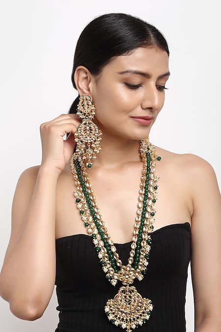 Ruby Raang Pearls & Kundan Hand Embellished Long Pendant Necklace Set 