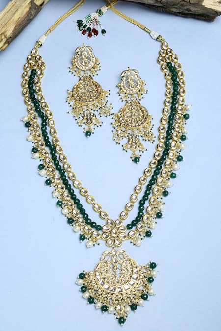 Shop Ruby Raang Green Pearls And Kundan Hand Embellished Long Pendant Necklace Set at Aza Fashions Shop_Ruby Raang_Green Pearls And Kundan Hand Embellished Long Pendant Necklace Set _at_Aza_Fashions