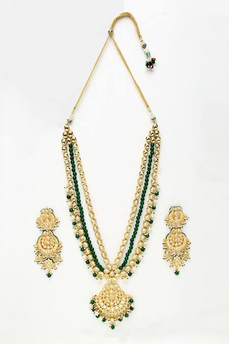 Ruby Raang Green Pearls And Kundan Hand Embellished Long Pendant Necklace Set Online at Aza Fashions Ruby Raang_Green Pearls And Kundan Hand Embellished Long Pendant Necklace Set _Online_at_Aza_Fashions