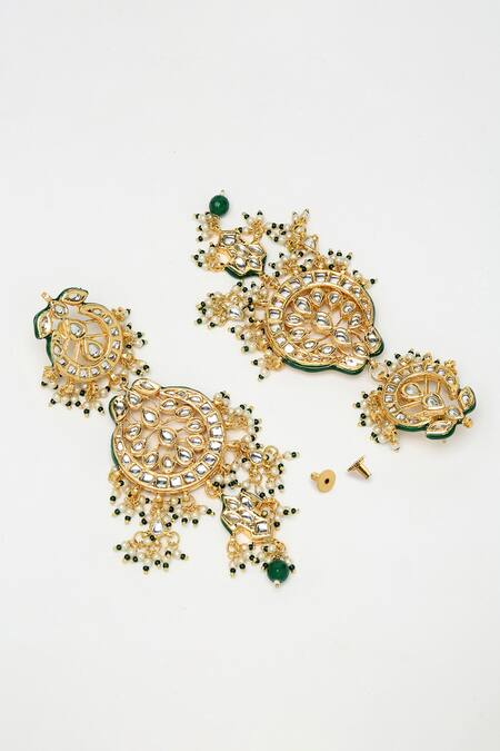 Shop Ruby Raang Green Pearls And Kundan Hand Embellished Long Pendant Necklace Set Online at Aza Fashions Shop_Ruby Raang_Green Pearls And Kundan Hand Embellished Long Pendant Necklace Set _Online_at_Aza_Fashions