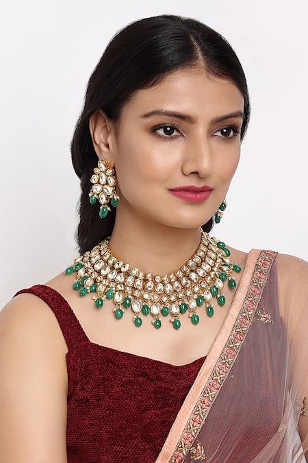 Ruby Raang Beads & Kundan Hand Embellished Choker Necklace Set 