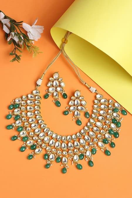 Shop Ruby Raang Green Beads, Zari And Kundan Hand Embellished Choker Necklace Set at Aza Fashions Shop_Ruby Raang_Green Beads, Zari And Kundan Hand Embellished Choker Necklace Set _at_Aza_Fashions