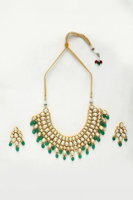 Ruby Raang Green Beads, Zari And Kundan Hand Embellished Choker Necklace Set Online at Aza Fashions Ruby Raang_Green Beads, Zari And Kundan Hand Embellished Choker Necklace Set _Online_at_Aza_Fashions