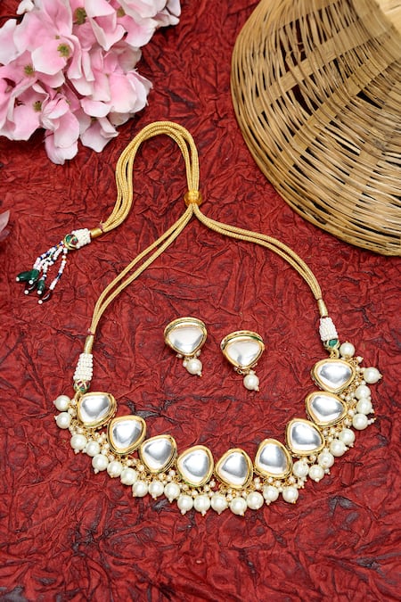 Shop Ruby Raang Gold Plated Pearls, Gota Patti And Kundan Embellished Choker Necklace Set at Aza Fashions Shop_Ruby Raang_Gold Plated Pearls, Gota Patti And Kundan Embellished Choker Necklace Set _at_Aza_Fashions
