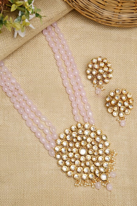 Shop_Ruby Raang_Pink Beads, Diamonds And Kundan Hand Embellished Long Pendant Necklace Set _at_Aza_Fashions