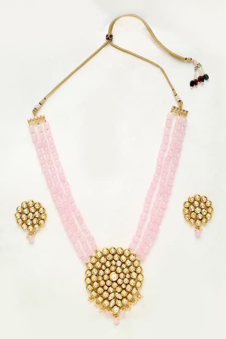Ruby Raang Pink Beads, Diamonds And Kundan Hand Embellished Long Pendant Necklace Set Online at Aza Fashions Ruby Raang_Pink Beads, Diamonds And Kundan Hand Embellished Long Pendant Necklace Set _Online_at_Aza_Fashions