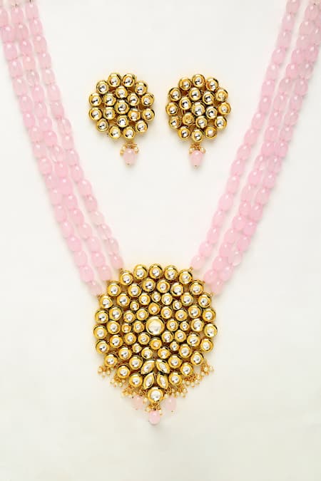 Buy Ruby Raang Pink Beads, Diamonds And Kundan Hand Embellished Long Pendant Necklace Set Online at Aza Fashions Buy_Ruby Raang_Pink Beads, Diamonds And Kundan Hand Embellished Long Pendant Necklace Set _Online_at_Aza_Fashions