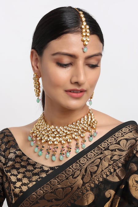 Ruby Raang Beads & Kundan Embellished Choker Necklace Set 