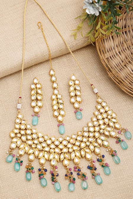 Shop_Ruby Raang_Gold Plated Beads, Diamonds And Kundan Embellished Choker Necklace Set _at_Aza_Fashions