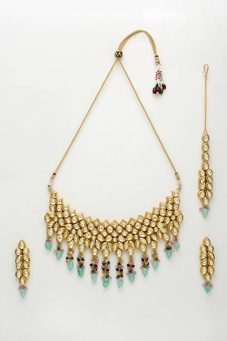 Ruby Raang Gold Plated Beads, Diamonds And Kundan Embellished Choker Necklace Set Online at Aza Fashions Ruby Raang_Gold Plated Beads, Diamonds And Kundan Embellished Choker Necklace Set _Online_at_Aza_Fashions