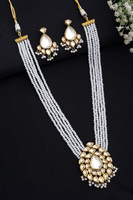 Shop_Ruby Raang_White Beads, Diamonds And Kundan Embellished Long Pendant Necklace Set _at_Aza_Fashions