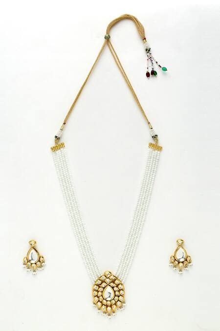Ruby Raang White Beads, Diamonds And Kundan Embellished Long Pendant Necklace Set Online at Aza Fashions Ruby Raang_White Beads, Diamonds And Kundan Embellished Long Pendant Necklace Set _Online_at_Aza_Fashions