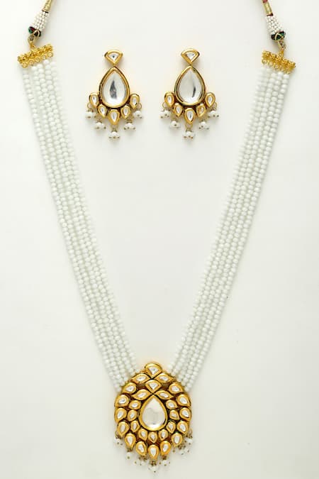Buy Ruby Raang White Beads, Diamonds And Kundan Embellished Long Pendant Necklace Set Online at Aza Fashions Buy_Ruby Raang_White Beads, Diamonds And Kundan Embellished Long Pendant Necklace Set _Online_at_Aza_Fashions