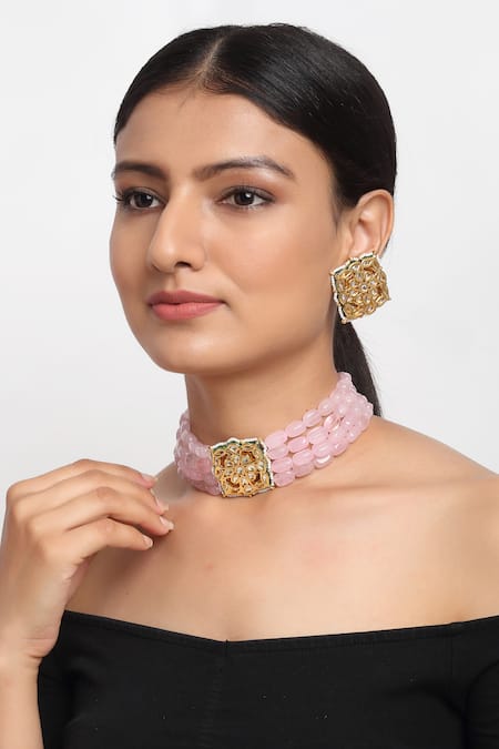 Ruby Raang Pink Beads And Kundan Hand Work Choker Necklace Set 