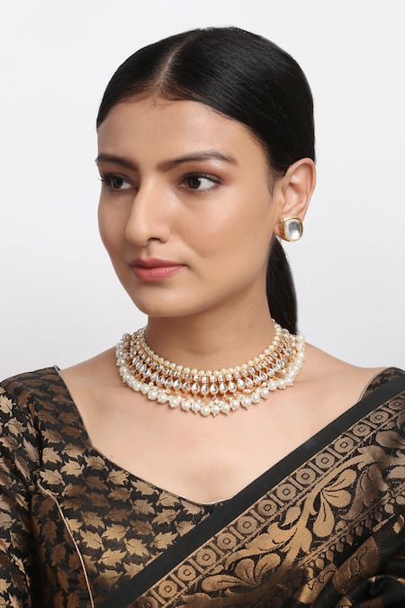 Ruby Raang Kundan & Pearls Hand Embellished Choker Necklace Set 