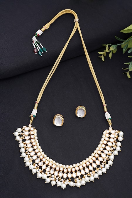 Shop_Ruby Raang_Gold Plated Pearls, Diamonds Kundan And Hand Embellished Choker Necklace Set _at_Aza_Fashions