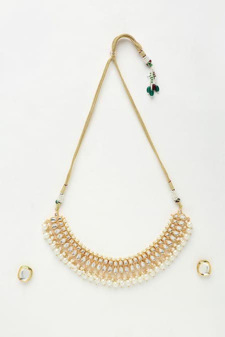 Ruby Raang Gold Plated Pearls, Diamonds Kundan And Hand Embellished Choker Necklace Set Online at Aza Fashions Ruby Raang_Gold Plated Pearls, Diamonds Kundan And Hand Embellished Choker Necklace Set _Online_at_Aza_Fashions