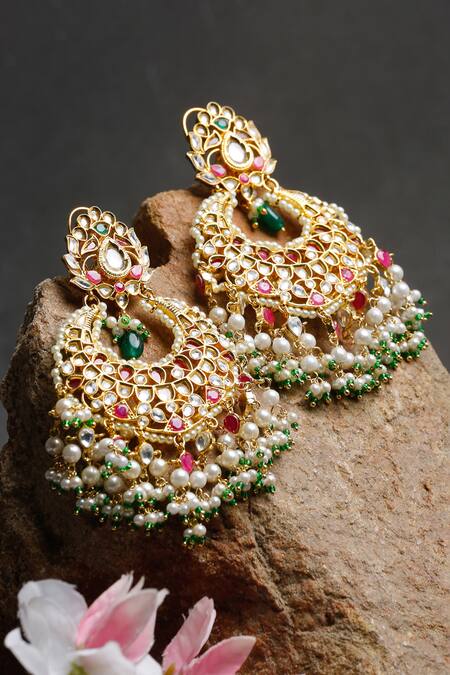 Shop Ruby Raang Gold Plated Stones, Beads, Pearls Kundan Embellished Earrings at Aza Fashions Shop_Ruby Raang_Gold Plated Stones, Beads, Pearls Kundan Embellished Earrings_at_Aza_Fashions