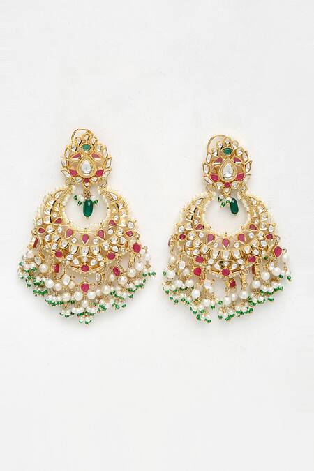 Ruby Raang Gold Plated Stones, Beads, Pearls Kundan Embellished Earrings Online at Aza Fashions Ruby Raang_Gold Plated Stones, Beads, Pearls Kundan Embellished Earrings_Online_at_Aza_Fashions