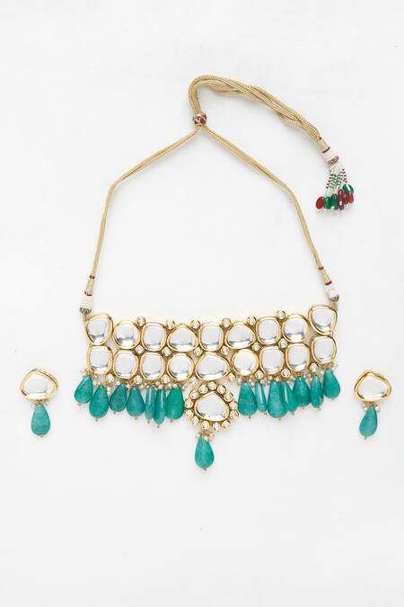 Ruby Raang_Green Diamonds, Stones Kundan Drop Necklace And Earring Set_Online_at_Aza_Fashions