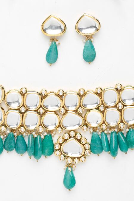 Buy_Ruby Raang_Green Diamonds, Stones Kundan Drop Necklace And Earring Set_Online_at_Aza_Fashions