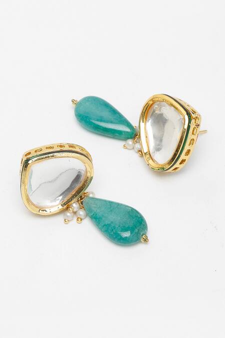 Shop_Ruby Raang_Green Diamonds, Stones Kundan Drop Necklace And Earring Set_Online_at_Aza_Fashions