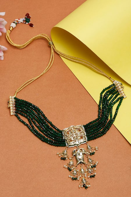 Shop Ruby Raang Green Kundan Stone Multistrand Choker Necklace at Aza Fashions Shop_Ruby Raang_Green Kundan Stone Multistrand Choker Necklace _at_Aza_Fashions