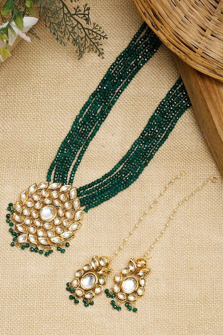 Shop_Ruby Raang_Green Diamonds, Stones Kundan Embellished Necklace Set _at_Aza_Fashions