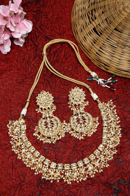 Shop Ruby Raang Gold Plated Pearls, Diamonds Kundan Stone And Embellished Necklace Set at Aza Fashions Shop_Ruby Raang_Gold Plated Pearls, Diamonds Kundan Stone And Embellished Necklace Set _at_Aza_Fashions