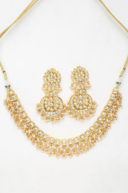 Shop Ruby Raang Gold Plated Pearls, Diamonds Kundan Stone And Embellished Necklace Set Online at Aza Fashions Shop_Ruby Raang_Gold Plated Pearls, Diamonds Kundan Stone And Embellished Necklace Set _Online_at_Aza_Fashions