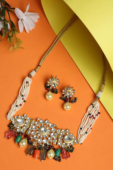 Shop Ruby Raang Multi Color Diamonds, Pearls, Stones Kundan Embellished Maharani Choker Set at Aza Fashions Shop_Ruby Raang_Multi Color Diamonds, Pearls, Stones Kundan Embellished Maharani Choker Set_at_Aza_Fashions