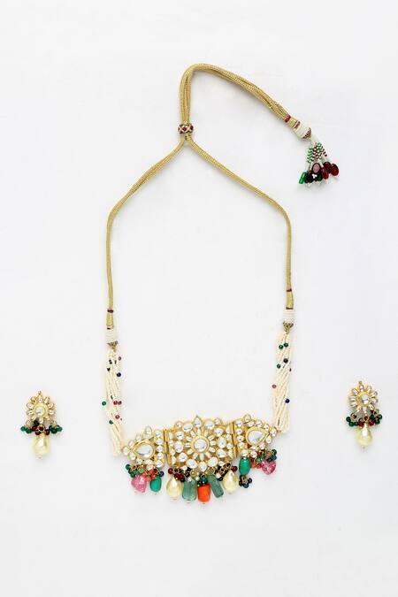 Ruby Raang Multi Color Diamonds, Pearls, Stones Kundan Embellished Maharani Choker Set Online at Aza Fashions Ruby Raang_Multi Color Diamonds, Pearls, Stones Kundan Embellished Maharani Choker Set_Online_at_Aza_Fashions