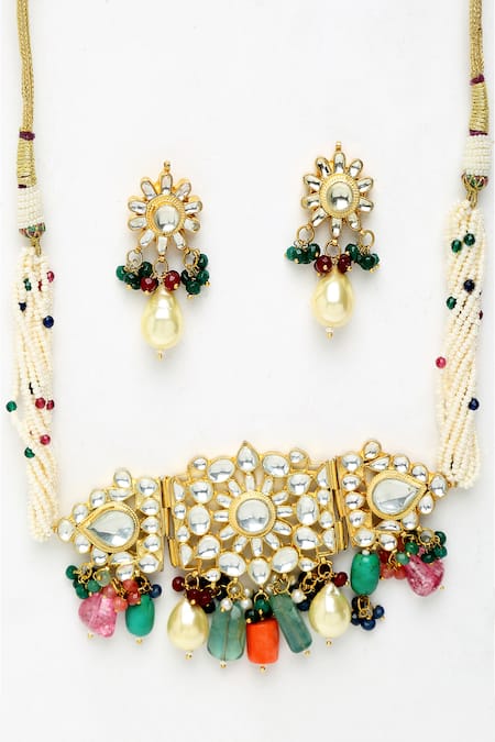 Buy Ruby Raang Multi Color Diamonds, Pearls, Stones Kundan Embellished Maharani Choker Set Online at Aza Fashions Buy_Ruby Raang_Multi Color Diamonds, Pearls, Stones Kundan Embellished Maharani Choker Set_Online_at_Aza_Fashions
