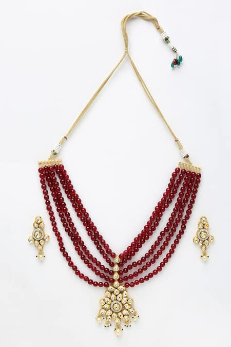 Shop Ruby Raang Maroon Beads, Diamonds Kundan Embellished Multi Strand Necklace Set at Aza Fashions Shop_Ruby Raang_Maroon Beads, Diamonds Kundan Embellished Multi Strand Necklace Set _at_Aza_Fashions
