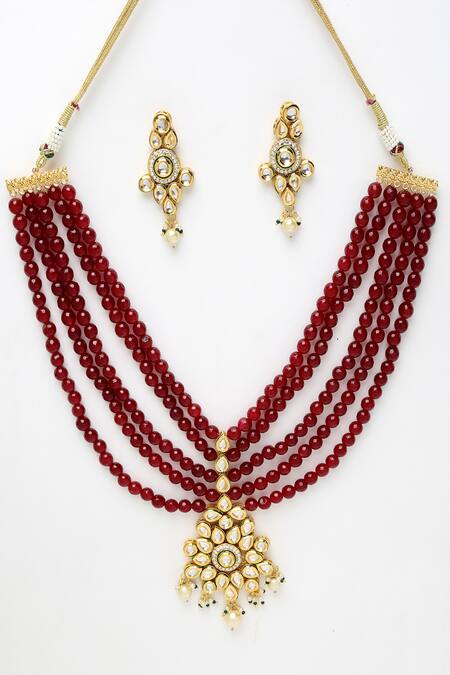 Ruby Raang Maroon Beads, Diamonds Kundan Embellished Multi Strand Necklace Set Online at Aza Fashions Ruby Raang_Maroon Beads, Diamonds Kundan Embellished Multi Strand Necklace Set _Online_at_Aza_Fashions