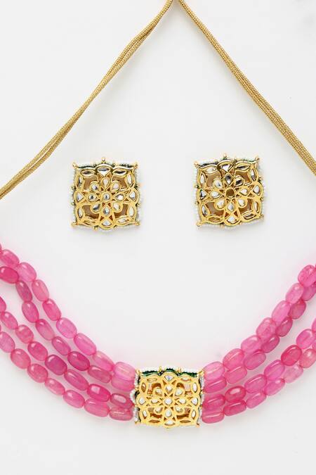 Ruby Raang_Pink Diamonds, Stones Kundan Embellished Choker Necklace Set_Online_at_Aza_Fashions